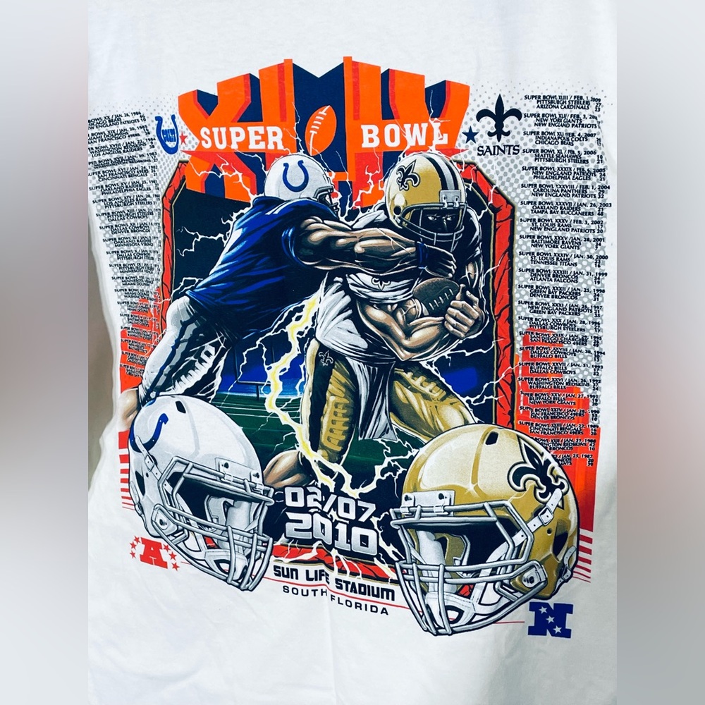 NFL Colts vs Saints XL shirt superbowl XLIV 100% pre shrunk cotton football